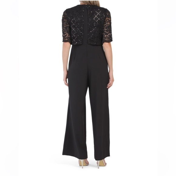 Donna Ricco Womens Lace Overlay Sequins Wide Leg Black Classy Jumpsuit Size 4 - Picture 2 of 3